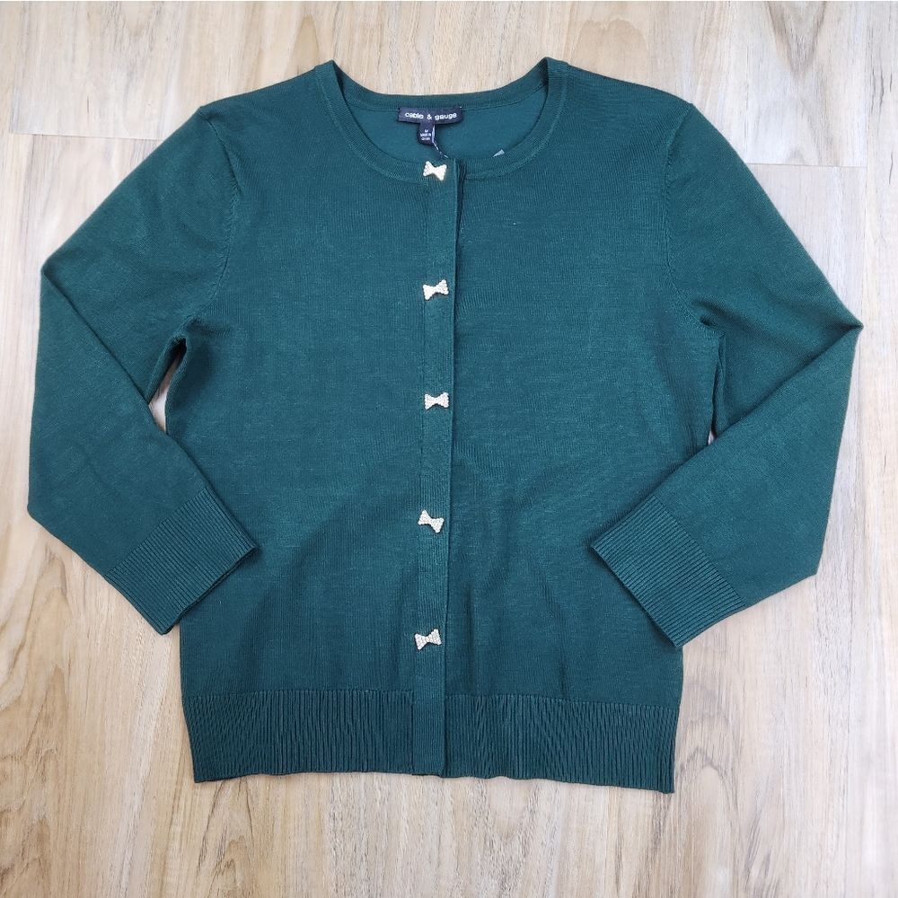 🩵NWT Cable & Gauge Green w/Rhinestone Bows 3/4 Sleeve Cardigan Medium